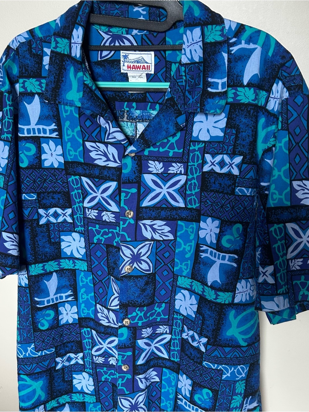 Hawaii Blue Island Patchwork Print Short-Sleeve Men's Aloha Shirt XL